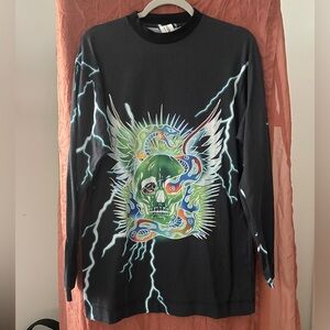 Collusion small oversized graphic long-sleeve t-shirt dress.